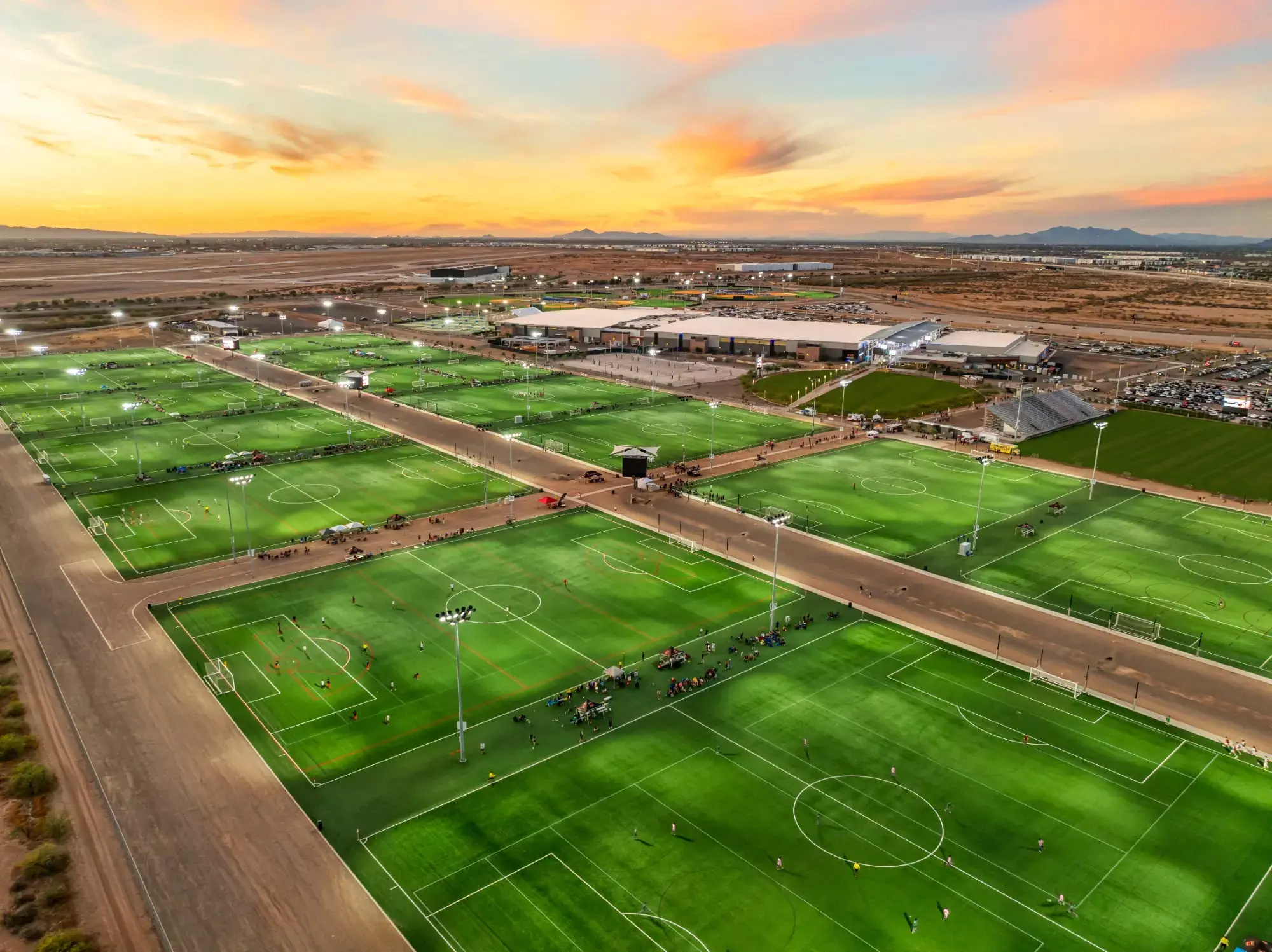 Aerial view of the soccer fields at Arizona Athletic Grounds at sunset